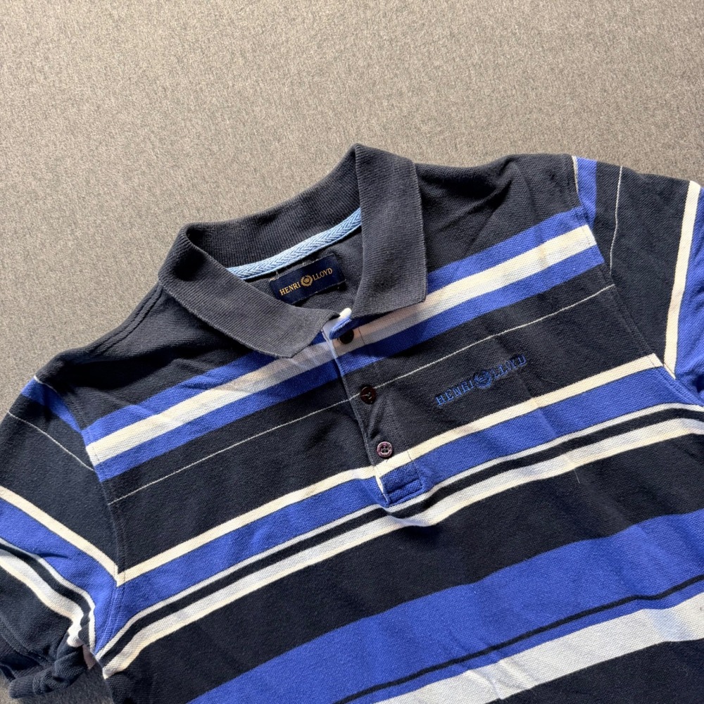 Henri Lloyd Mens Large Blue White Striped Pique Short Sleeve Polo Shirt L